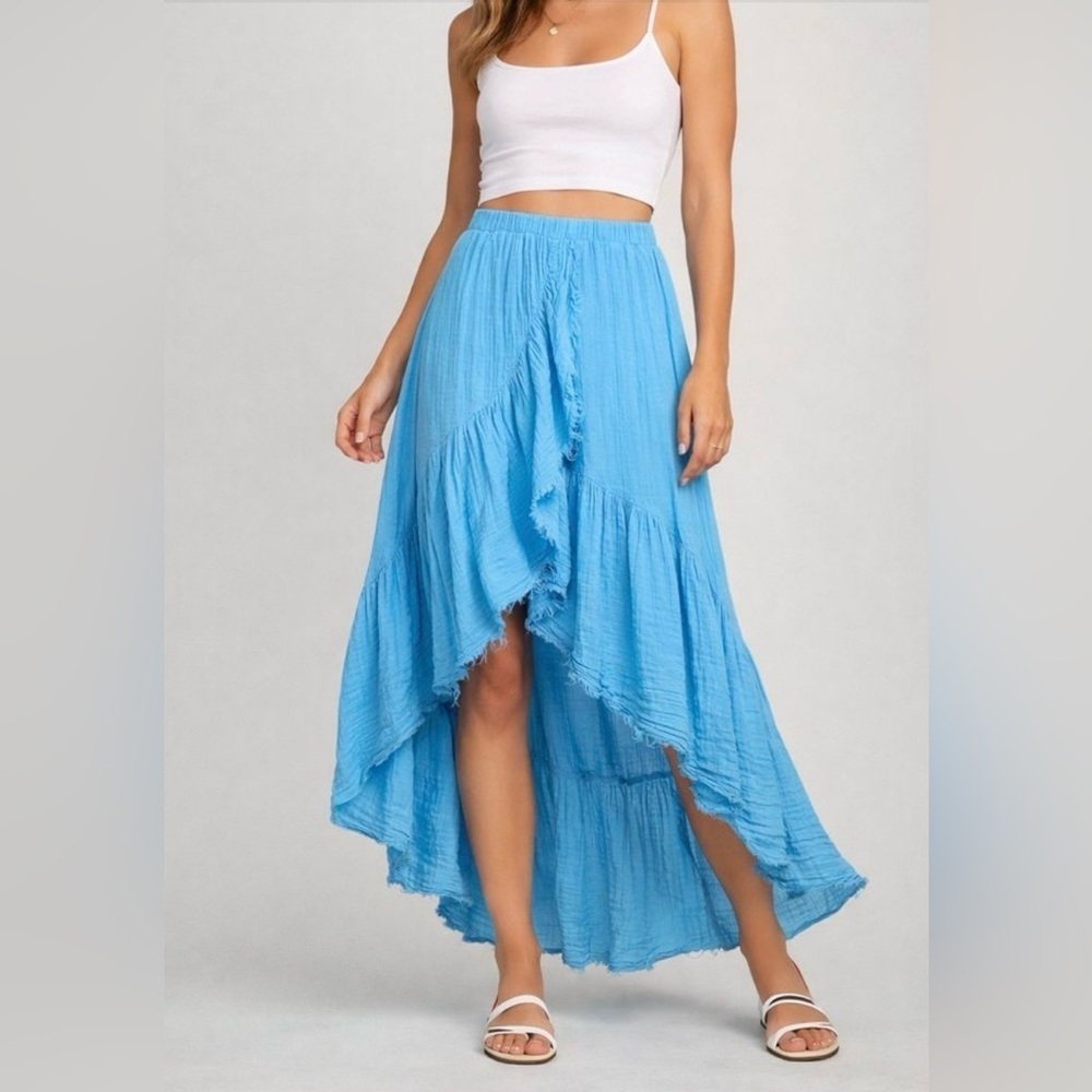 Stark X Tulip Hem Cotton Blue Pull On Stretch Waist Hi Lo Midi Skirt Size Small